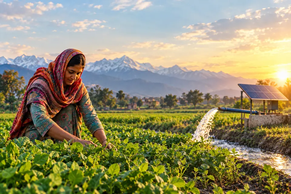 Illustration of a farmer tending crops beside solar-powered irrigation and mountains.