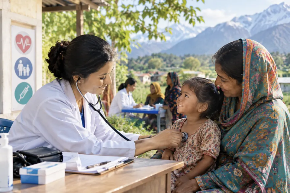 Clinician using a stethoscope with a child seated beside an adult.