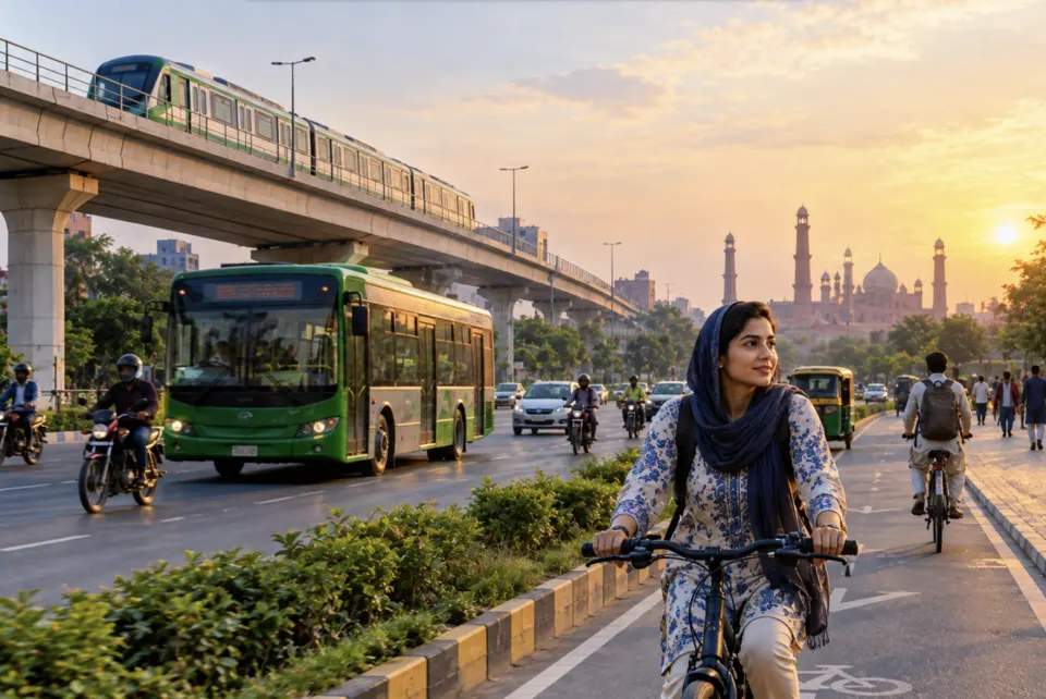 Illustration of a cyclist beside a bus and an elevated train.