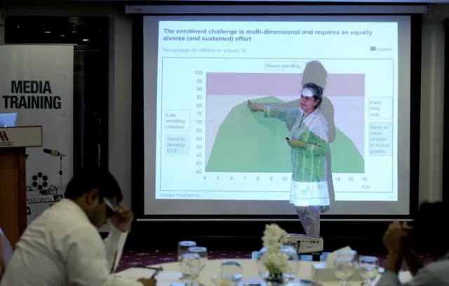 Presenter discussing school enrolment data